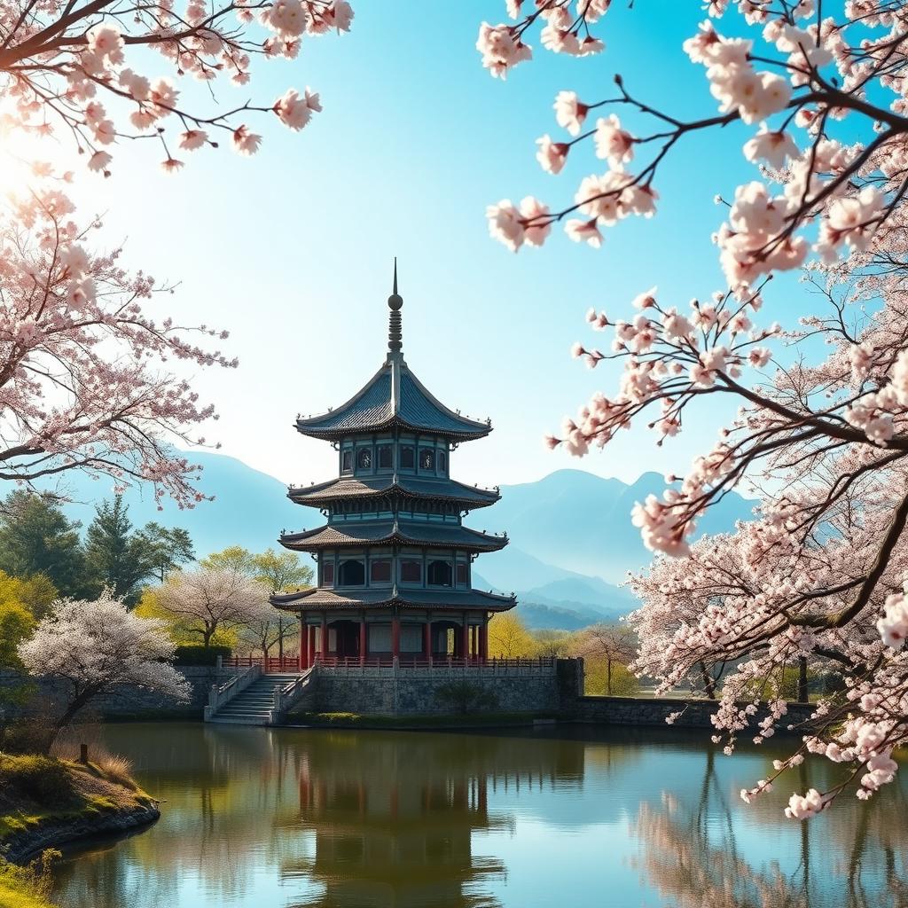 A serene landscape showcasing an ancient Chinese pagoda surrounded by lush greenery, blooming cherry blossom trees, and a tranquil pond reflecting the structure