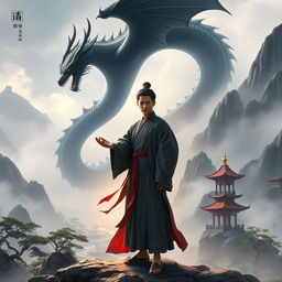A captivating scene titled 'Dunia Beladiri Spiritual', depicting a skilled cultivator standing in a mystical Chinese landscape
