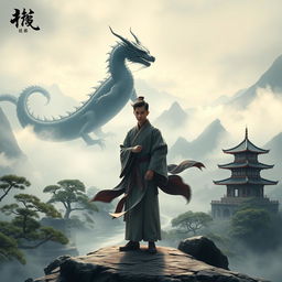 A captivating scene titled 'Dunia Beladiri Spiritual', depicting a skilled cultivator standing in a mystical Chinese landscape