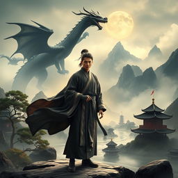 A captivating scene titled 'Dunia Beladiri Spiritual', depicting a skilled cultivator standing in a mystical Chinese landscape