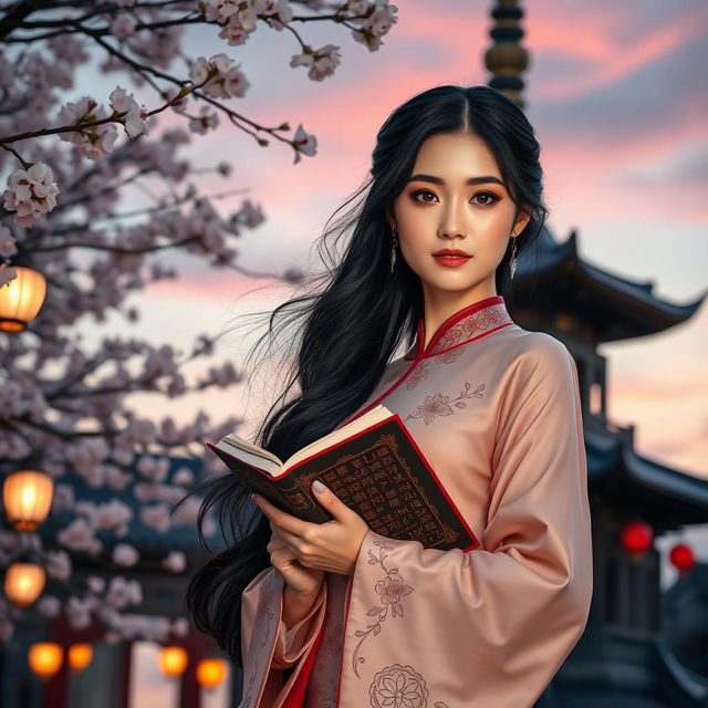 A stunning portrait of a beautiful Chinese woman dressed in traditional attire, standing gracefully beside an ancient pagoda