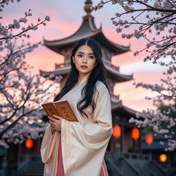 A stunning portrait of a beautiful Chinese woman dressed in traditional attire, standing gracefully beside an ancient pagoda