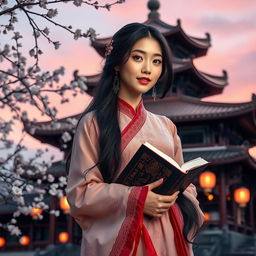 A stunning portrait of a beautiful Chinese woman dressed in traditional attire, standing gracefully beside an ancient pagoda
