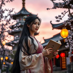 A stunning portrait of a beautiful Chinese woman dressed in traditional attire, standing gracefully beside an ancient pagoda