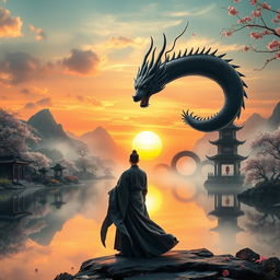 An enchanting scene titled 'Dunia Beladiri Spiritual', showcasing a skilled cultivator poised in a mystical Chinese landscape