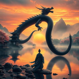 An enchanting scene titled 'Dunia Beladiri Spiritual', showcasing a skilled cultivator poised in a mystical Chinese landscape