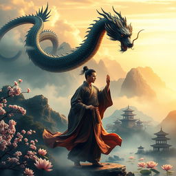 An intricate depiction for 'Dunia Beladiri Spiritual', showcasing a cultivator in a mystical Chinese landscape