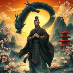 An intricate depiction for 'Dunia Beladiri Spiritual', showcasing a cultivator in a mystical Chinese landscape