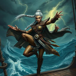 A fierce and agile githyanki female pirate monk, with long silver hair tied in a warrior braid, wearing agile leather armor adorned with intricate gold patterns