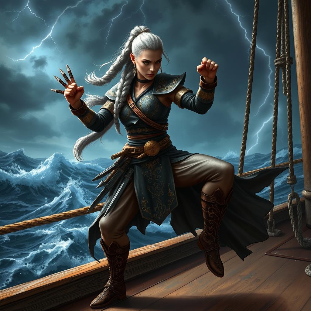 A fierce and agile githyanki female pirate monk, with long silver hair tied in a warrior braid, wearing agile leather armor adorned with intricate gold patterns