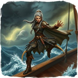 A fierce and agile githyanki female pirate monk, with long silver hair tied in a warrior braid, wearing agile leather armor adorned with intricate gold patterns