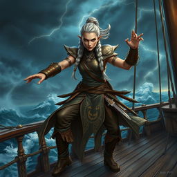 A fierce and agile githyanki female pirate monk, with long silver hair tied in a warrior braid, wearing agile leather armor adorned with intricate gold patterns