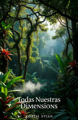 A breathtaking tropical forest filled with lush greenery and mysterious shadows, showcasing a vibrant mix of exotic plants and trees, some with twisting vines and large, colorful leaves