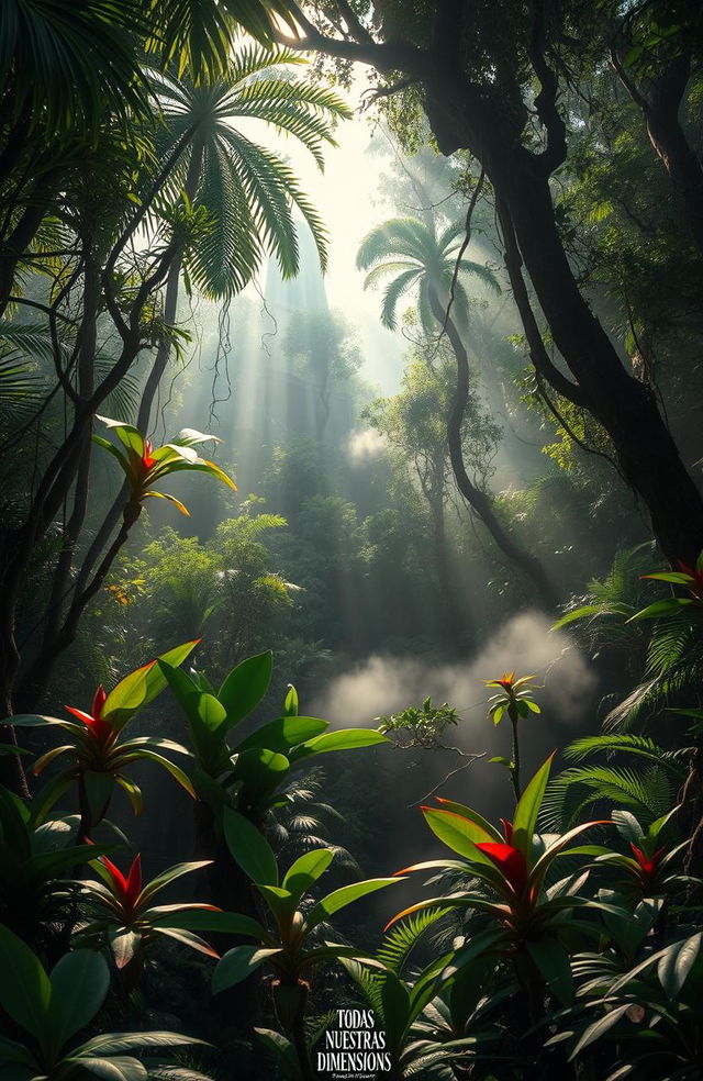 A breathtaking tropical forest filled with lush greenery and mysterious shadows, showcasing a vibrant mix of exotic plants and trees, some with twisting vines and large, colorful leaves