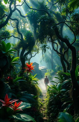 A breathtaking tropical forest filled with lush greenery and mysterious shadows, showcasing a vibrant mix of exotic plants and trees, some with twisting vines and large, colorful leaves