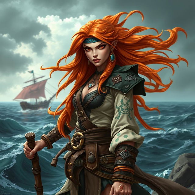 A female Githyanki pirate monk with flowing long copper hair, wearing a rugged pirate outfit adorned with mystical symbols and leather accents