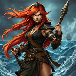 A female Githyanki pirate monk with flowing long copper hair, wearing a rugged pirate outfit adorned with mystical symbols and leather accents