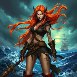 A female Githyanki pirate monk with flowing long copper hair, wearing a rugged pirate outfit adorned with mystical symbols and leather accents