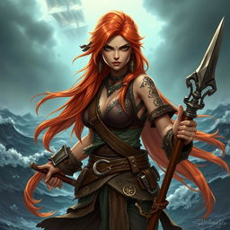 A female Githyanki pirate monk with flowing long copper hair, wearing a rugged pirate outfit adorned with mystical symbols and leather accents
