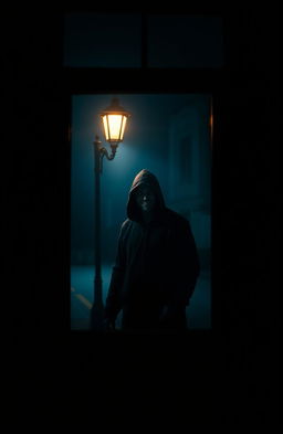 A dark, atmospheric scene featuring a window with a view of a hooded man standing outside