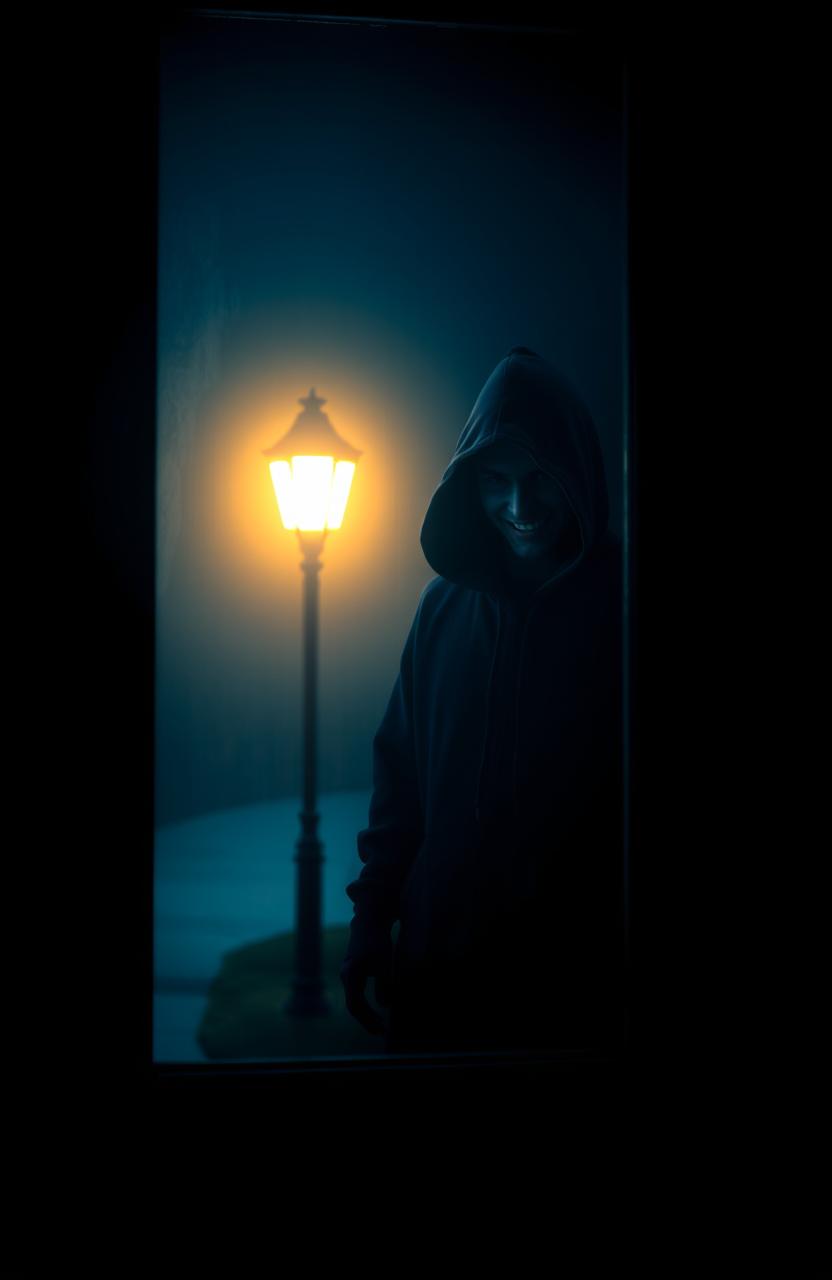 A dark, atmospheric scene featuring a window with a view of a hooded man standing outside