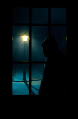 A dark, atmospheric scene featuring a window with a view of a hooded man standing outside