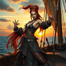 A striking female githyanki pirate monk with long, flowing copper hair cascading down her back, dressed in lightweight leather armor embellished with silver accents