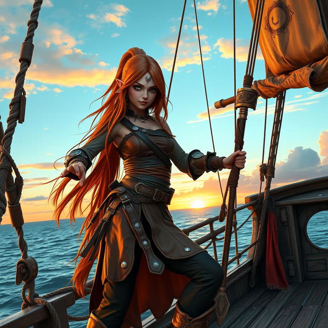 A striking female githyanki pirate monk with long, flowing copper hair cascading down her back, dressed in lightweight leather armor embellished with silver accents