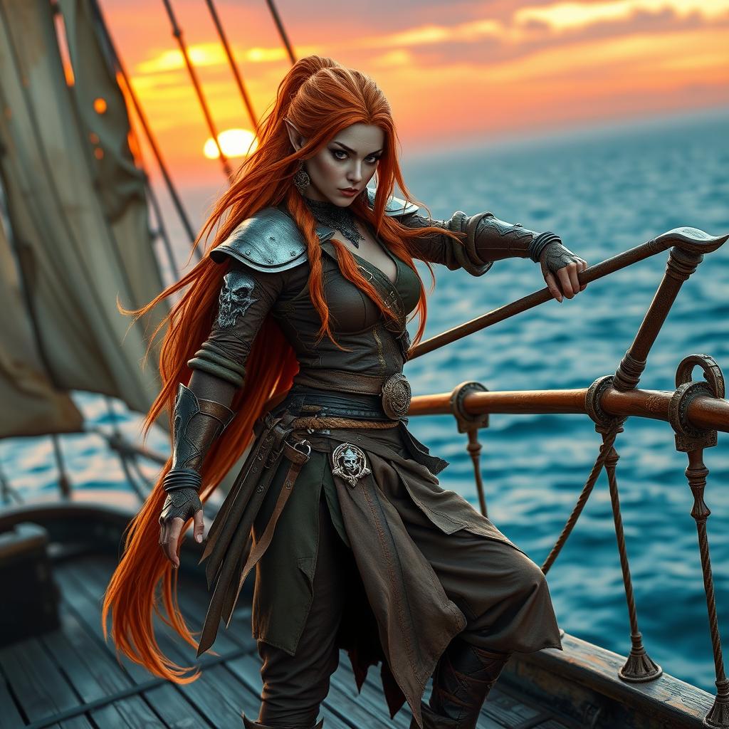 A striking female githyanki pirate monk with long, flowing copper hair cascading down her back, dressed in lightweight leather armor embellished with silver accents