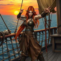 A striking female githyanki pirate monk with long, flowing copper hair cascading down her back, dressed in lightweight leather armor embellished with silver accents