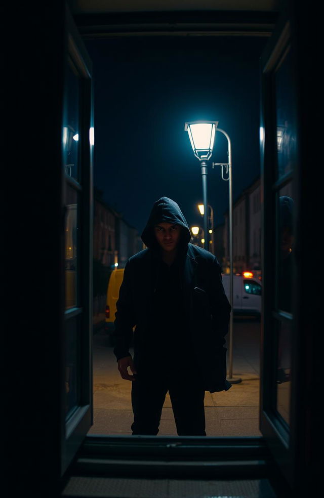 A wide shot of an open window with a dark interior that contrasts with the vibrant night outside