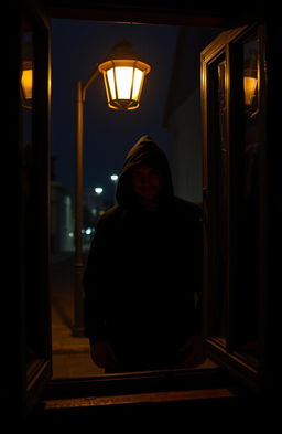 A wide shot of an open window with a dark interior that contrasts with the vibrant night outside
