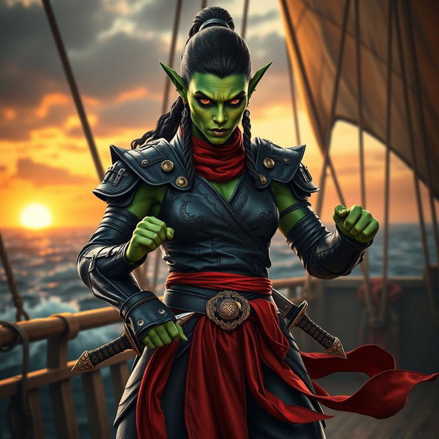 An imposing female githyanki monk pirate, with vibrant green skin and piercing amber eyes