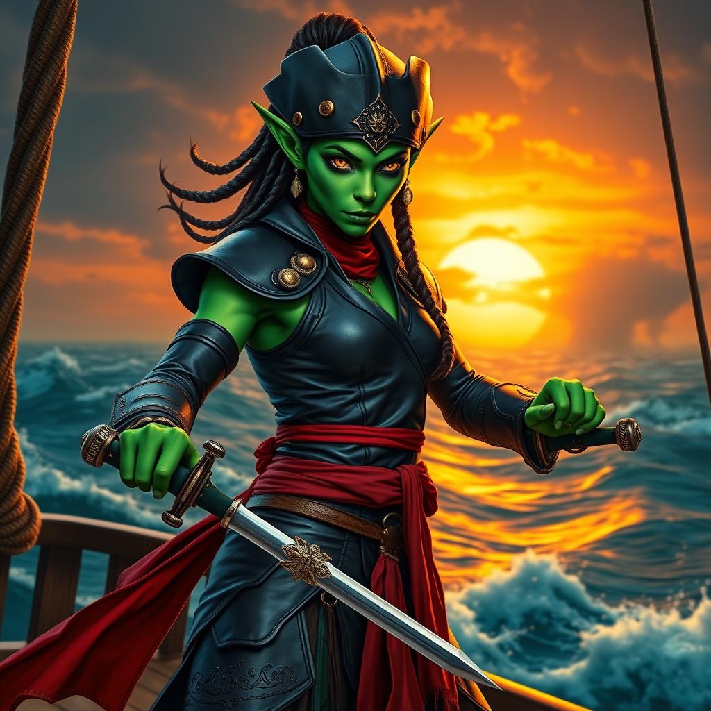 An imposing female githyanki monk pirate, with vibrant green skin and piercing amber eyes