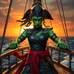 An imposing female githyanki monk pirate, with vibrant green skin and piercing amber eyes