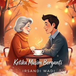 A romantic novel cover for "Ketika Musim Berganti" by Irsandi Wadi, featuring a scene where an older woman and a younger man are facing each other with warm, inviting smiles