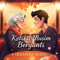 A romantic novel cover for "Ketika Musim Berganti" by Irsandi Wadi, featuring a scene where an older woman and a younger man are facing each other with warm, inviting smiles