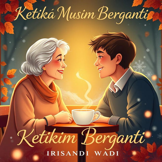 A romantic novel cover for "Ketika Musim Berganti" by Irsandi Wadi, featuring a scene where an older woman and a younger man are facing each other with warm, inviting smiles