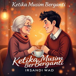 A romantic novel cover for "Ketika Musim Berganti" by Irsandi Wadi, featuring a scene where an older woman and a younger man are facing each other with warm, inviting smiles