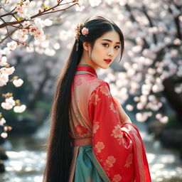 A breathtakingly beautiful Chinese woman dressed in traditional ancient Hanfu, featuring intricate designs and vibrant colors