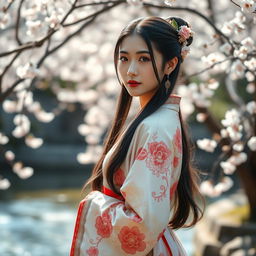 A breathtakingly beautiful Chinese woman dressed in traditional ancient Hanfu, featuring intricate designs and vibrant colors