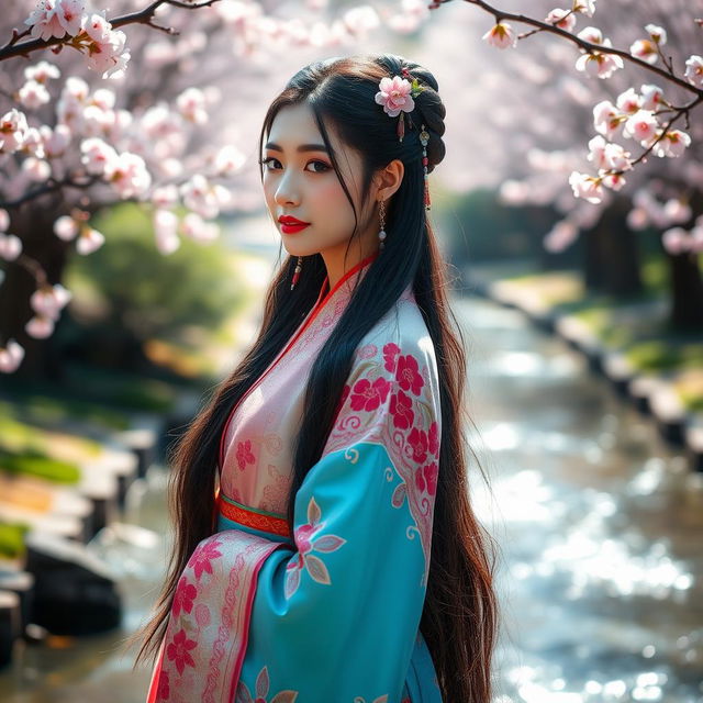 A breathtakingly beautiful Chinese woman dressed in traditional ancient Hanfu, featuring intricate designs and vibrant colors