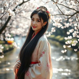 A breathtakingly beautiful Chinese woman dressed in traditional ancient Hanfu, featuring intricate designs and vibrant colors