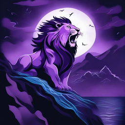 2D image of a roaring lion in tattoo style on a cliff with a backdrop of stormy purple night sky, full moon, gusty wind, crows, a blue waterfall, and rainy weather