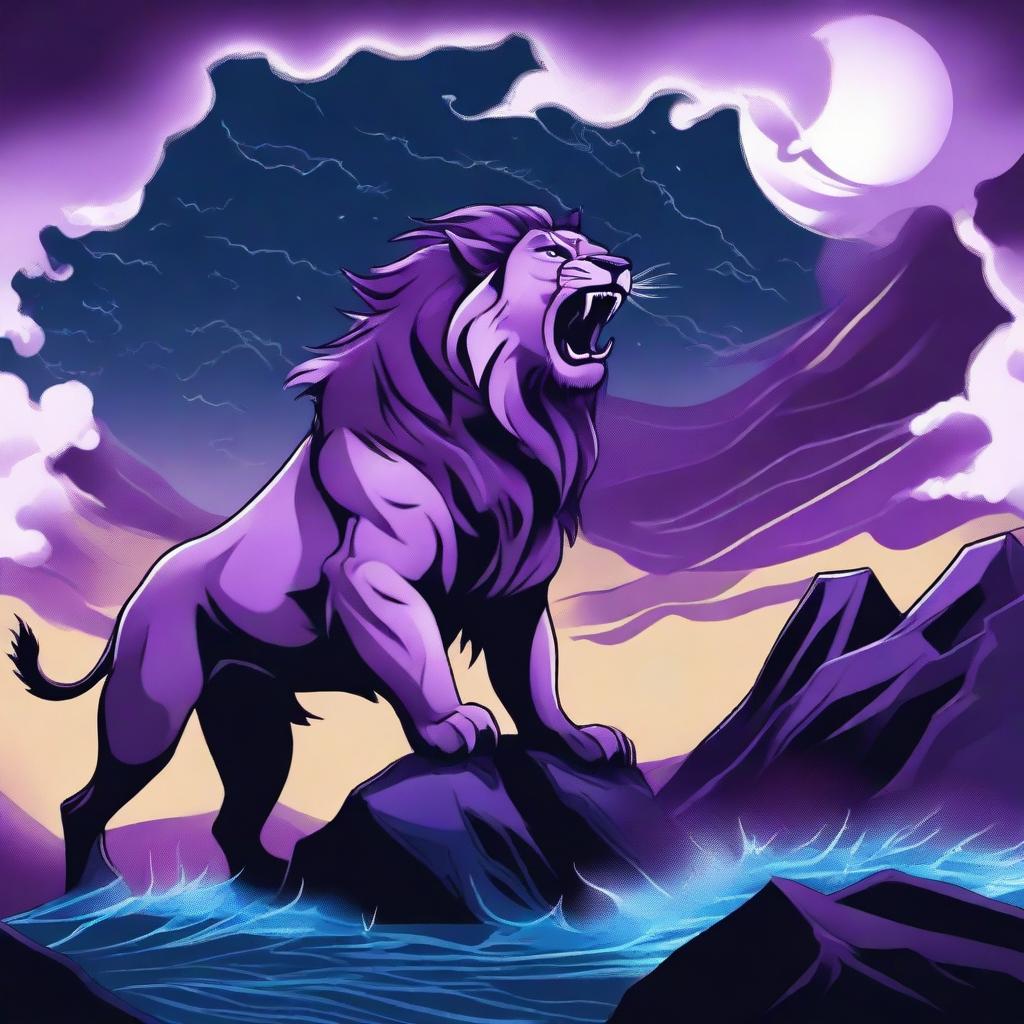 2D image of a roaring lion in tattoo style on a cliff with a backdrop of stormy purple night sky, full moon, gusty wind, crows, a blue waterfall, and rainy weather