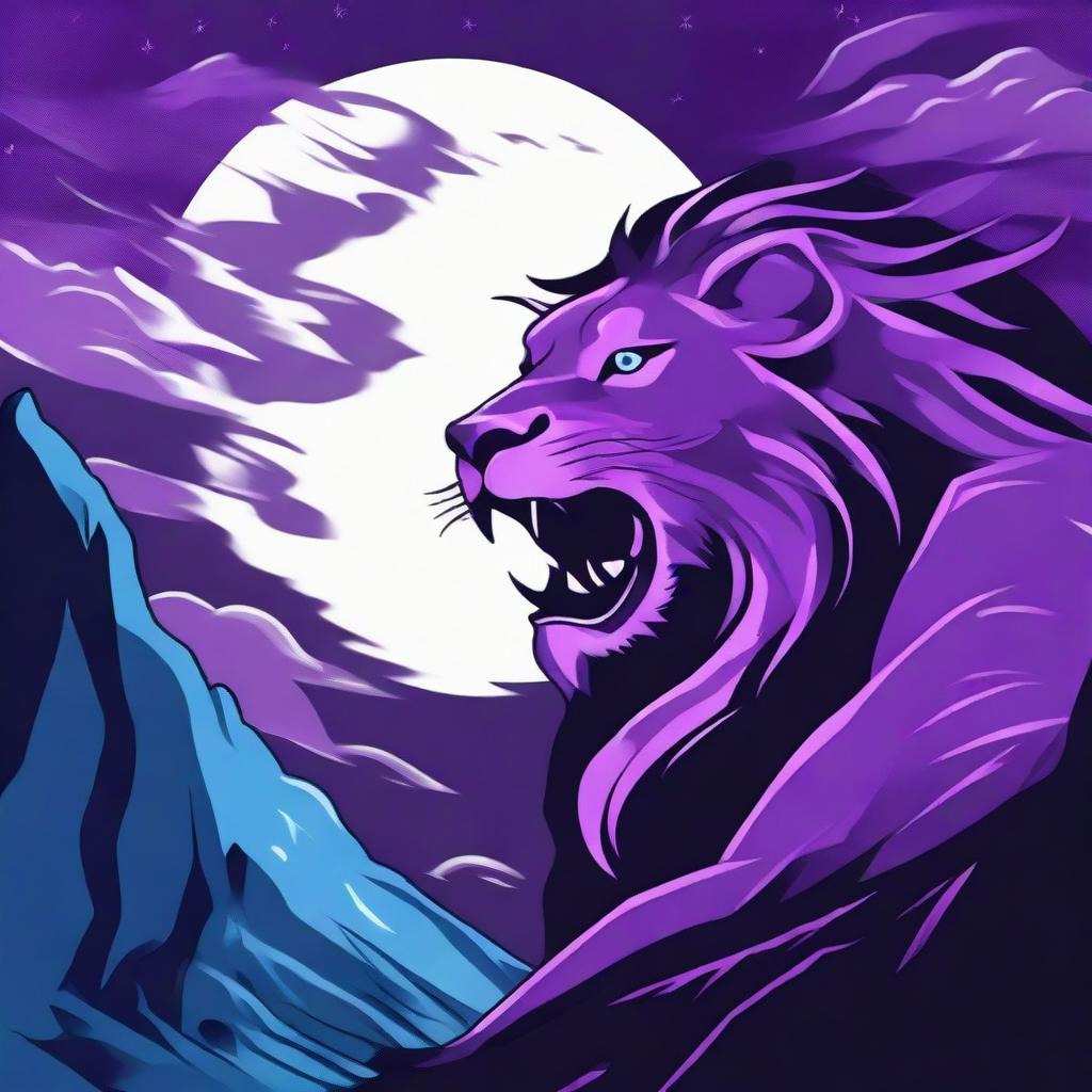 2D image of a roaring lion in tattoo style on a cliff with a backdrop of stormy purple night sky, full moon, gusty wind, crows, a blue waterfall, and rainy weather