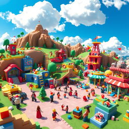 A vibrant and colorful landscape inspired by the Roblox gaming universe, featuring various iconic elements such as blocky terrains, unique customizable characters, and interactive obstacles