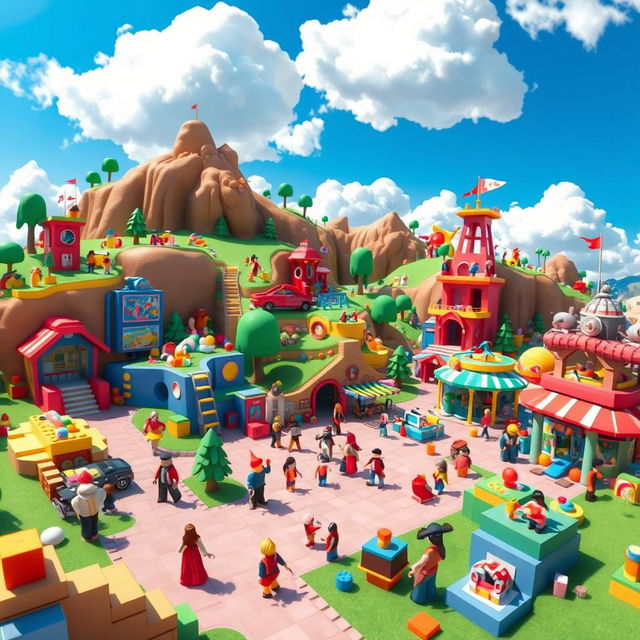 A vibrant and colorful landscape inspired by the Roblox gaming universe, featuring various iconic elements such as blocky terrains, unique customizable characters, and interactive obstacles