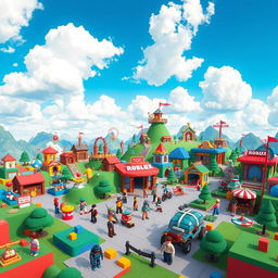 A vibrant and colorful landscape inspired by the Roblox gaming universe, featuring various iconic elements such as blocky terrains, unique customizable characters, and interactive obstacles