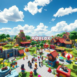 A vibrant and colorful landscape inspired by the Roblox gaming universe, featuring various iconic elements such as blocky terrains, unique customizable characters, and interactive obstacles
